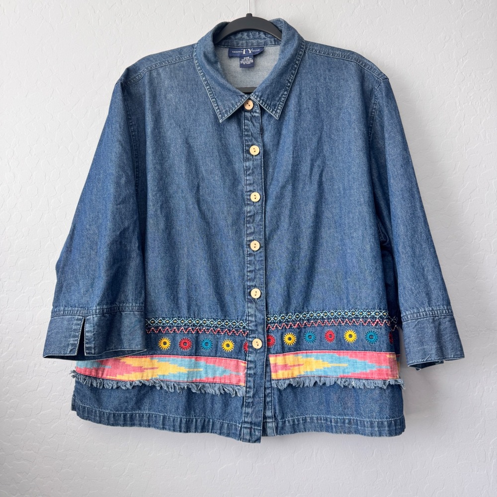 Original TY Wear 22W Denim Shirt Blue 3/4 Sleeve Southwestern Embroidered Fringe